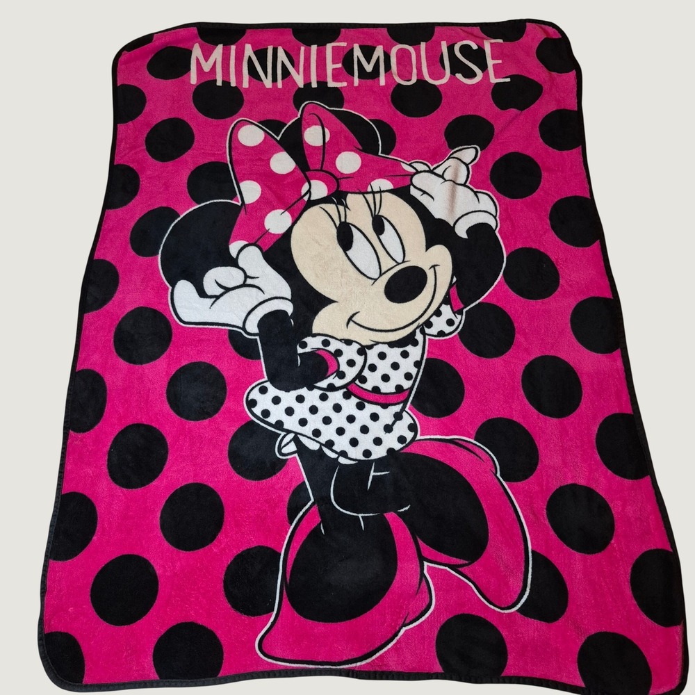 Disney Minnie Mouse Throw Blanket Kids Pink Black Polka Dot Fleece Soft Cozy